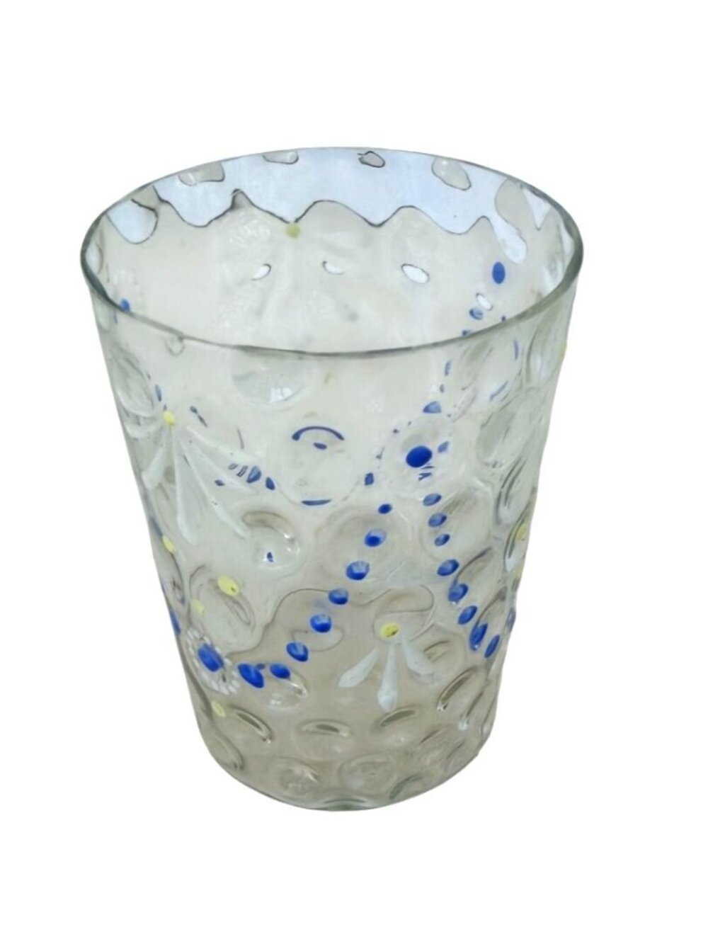 Vintage Hand-Painted Thumbprint Glass Tumbler Blue Dot & Yellow Floral Flower - Picture 2 of 3
